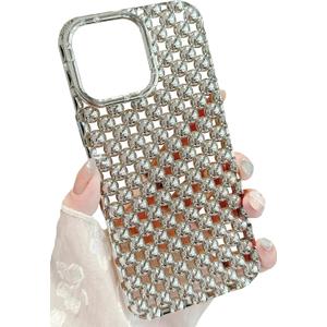JANDM Hollow Out Compatible with iPhone 16 Pro Case, Fashion Beads Bubble 3D Cut-Out Design,Glossy Chrome Electroplate Silicone Glitter Breathable Case for Women Girls (Silver)