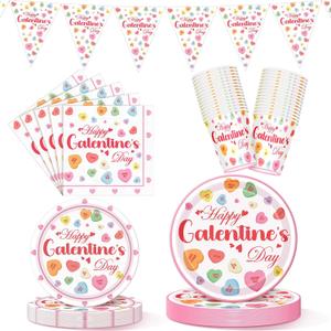 Qinyoung 25 Set Galentines Day Party Decoration Conversation Candy Heart Tableware Set Conversation Heart Disposable Paper Plates Napkins and Cups Happy Galentines Banner for Valentines Party Supplies
