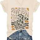 Vintage Boho Tops for Women V-Neck Flowers Shirt Spring Graphic Tees Floral Print Summer Casual Short Sleeve Tshirt Top, XL
