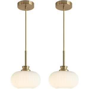 KCO Lighting White and Gold Pendant Light Large Industrial Pendant Lights Kitchen Island Ribbed Milk Glass Pendant Light Modern Globe Hanging Light Fixture (2 Pack)