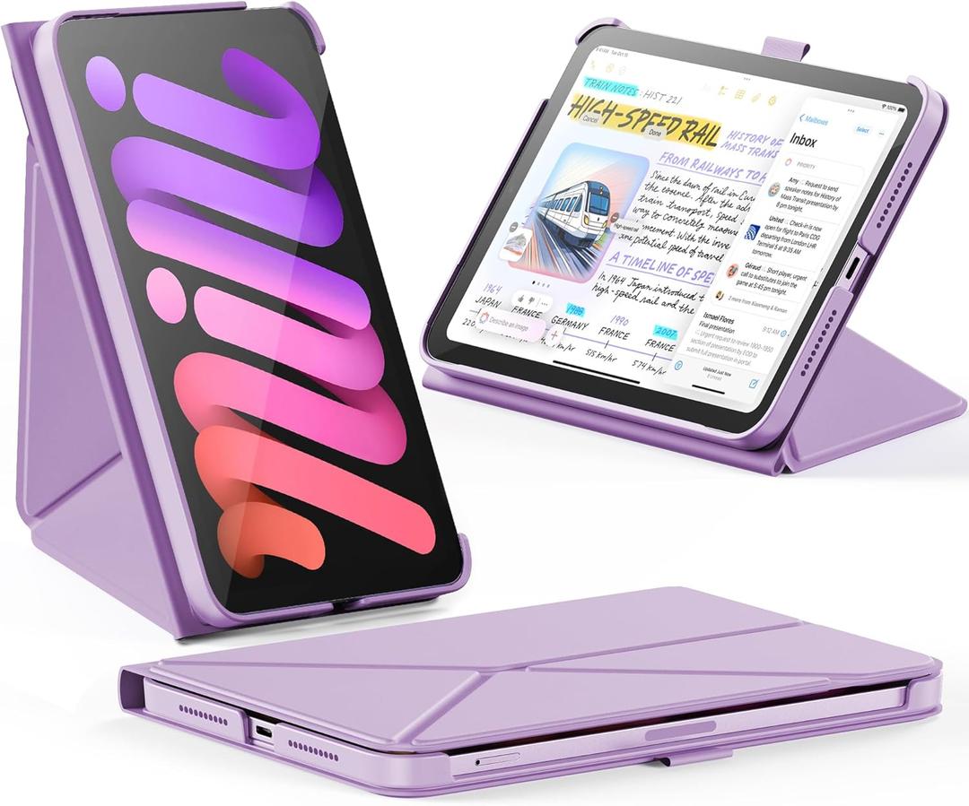 INFILAND Case for iPad mini 7 (A17 Pro) 2024 / iPad mini 6 2021, Magnetic Origami Slim Protective Case, Book-Style Foldable Cover with Pencil Holder, Multi-Angle Stand, Auto Wake/Sleep, Purple