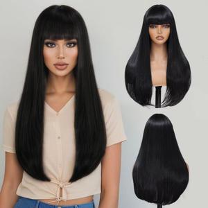 Alimiriam Long Black Wig with Bangs - Long Straight Black Wigs with Bangs for Women, Heat Resistant, Natural Looking Synthetic Wig for Halloween Daily Cosplay Party Use 22 Inch