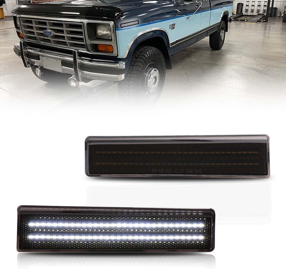 Front LED Side Marker Lights for 1980-1986 Fo-rd Bronco, 1980-1986 Fo-rd F150 F250 F350 Pickup Truck SUV, Smoked Lens Side Bumper Marker Lamps, White LED Turn Signal Lights, 2 PCS