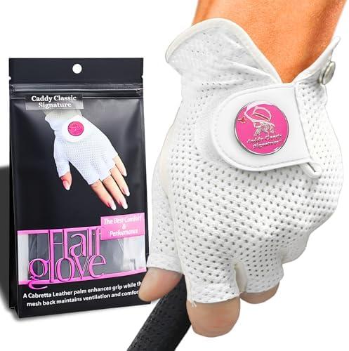 Caddy Classic Ladies Golf Glove Women | Half Finger Mesh Design for High Breathability | Premium Leather uction for Comfortable Fit | Includes Stylish Ball Marker Ladies Left Small