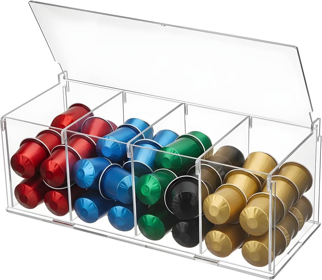 Acrylic Coffee Pod Holder with Lid for 24 Kcup, Clear Coffee Capsule Storage Organizer,4 Compartments Coffee Bar Station Organizer Compatible with Pod,