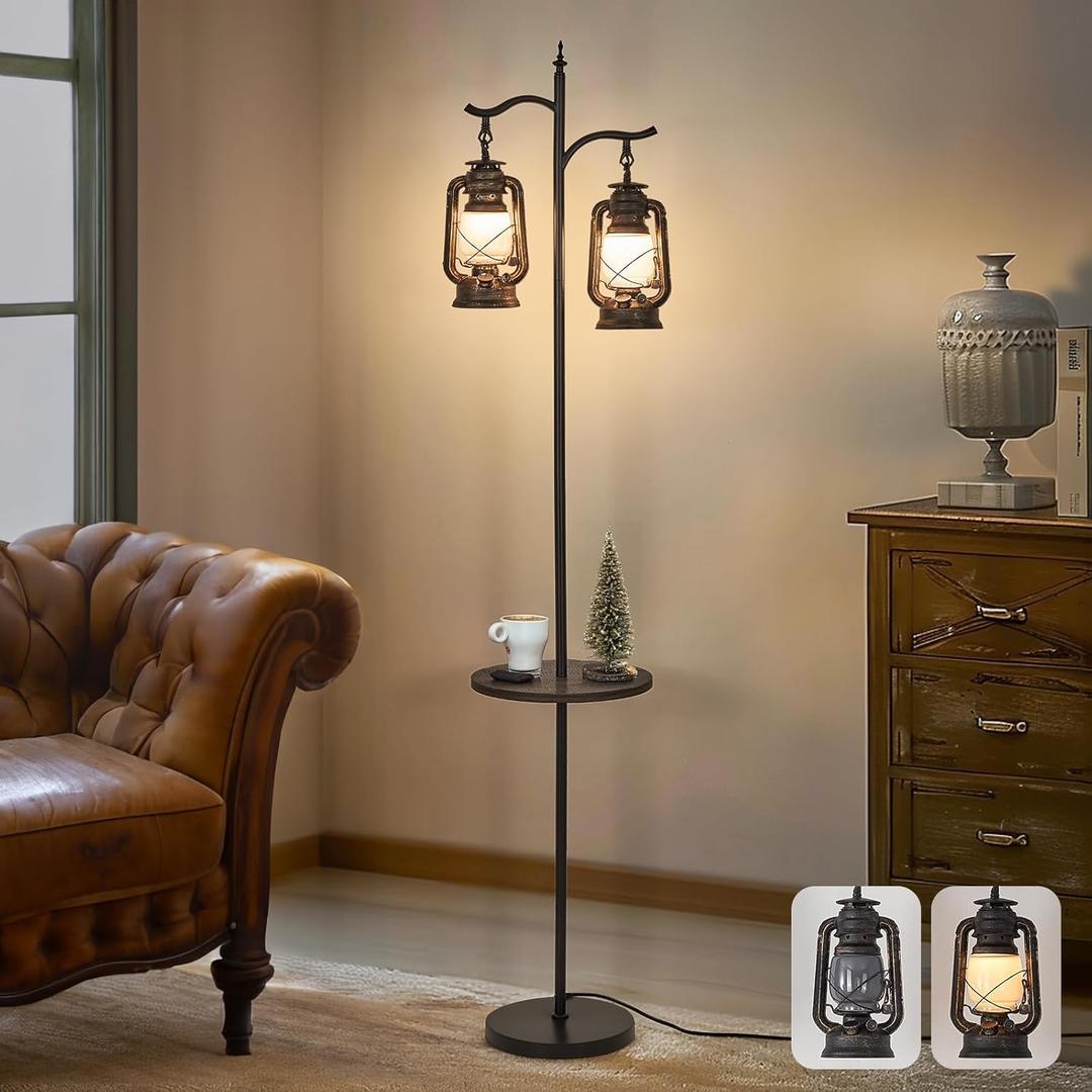 Farmhouse Floor lamp with Table, Double Head Vintage Floor Lantern, Standing lamp for Living RoomBedroom, Rustic Floor Lamp with Black Brown Finish