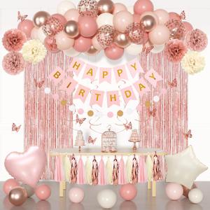 Pink Birthday Party Decorations, Dusty Pink Sand Confetti Rose Gold Balloons Happy Birthday Banner Fringe Curtains Butterfly Hanging Swirls Circle Dots Tassels Pompoms for Women Girls Party Supplies