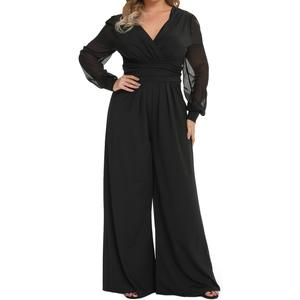 RED DOT BOUTIQUE 701 - Plus Size Mesh Long Sleeve V Wrap Neck Wide Leg Pants One Piece Jumpsuit (1X, Black)