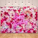Pink Flower Happy Birthday Backdrop Banner Decorations for Women,Pink Neon Birthday Sign Backdrops Banner Red Rose Flowers Photography Background Girls Bday Party Decor Photo Booth Props 7x5ft