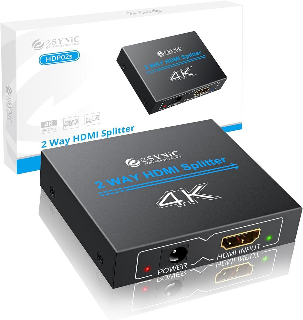 ESynic Portable 4K/30HZ HDMI Splitter Plug&Play 2 Way HDMI Splitter 1 in 2 Out [Only Mirror No Extend Mode] Support HDMI 1.4 Version With Metal Shell for HDTV PS4 Blu-ray Player Laptop Gaming Consoles