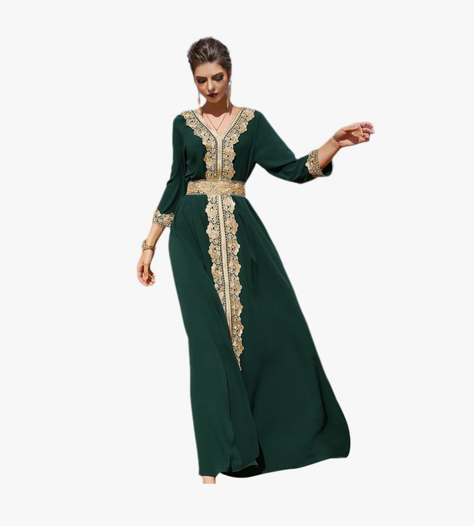 TBAKOM Abaya Dress for Women Dubai Sadui Bead Moroccan Kaftan Fancy Eid Dress Size Large, Dark Green