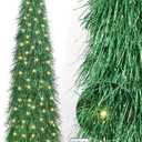 6 FT Shaggy Pop Up Christmas Tree with 100 Timer Lights and Remote, Green Collapsible Artificial Tinsel Christmas Pencil Tree for Home Apartment Office Holiday Party Decor, Easy Assembly