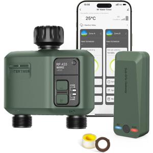 WiFi Water Timer 2 Zone for Garden Hose, Smart Sprinkler Timer with 984ft RF Range, Smart Lawn Watering System Irrigation Controller, APP/Voice Control, Rain Delay, Automatic/Manual Irrigation