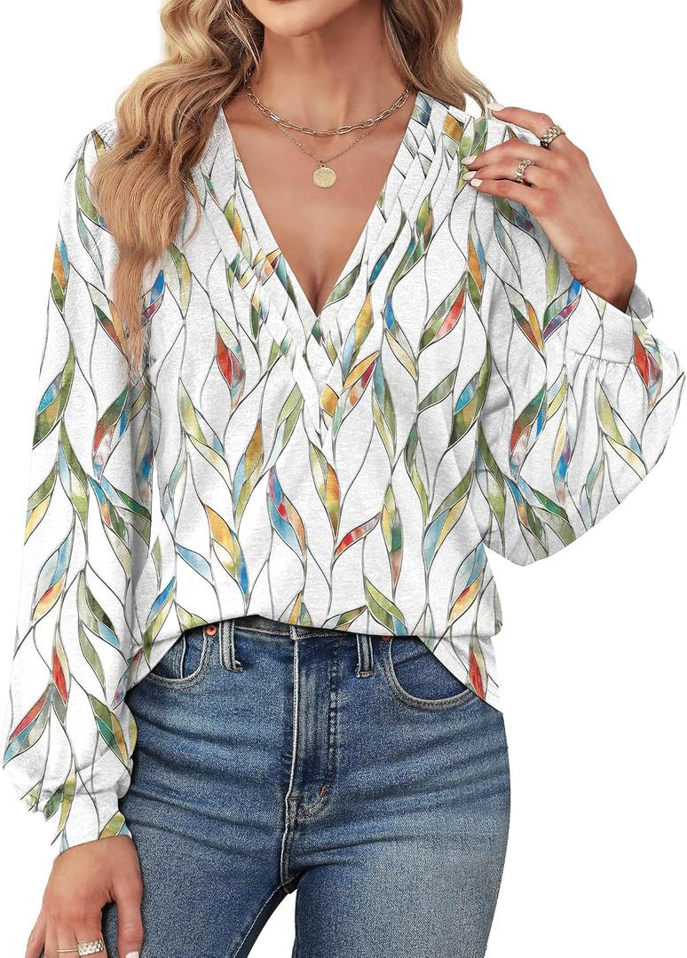 Agnes Urban Womens V Neck Long Sleeve Tops Dressy Casual Fall Shirts Puff Sleeve Loose Tunic Trendy Tops Blouses