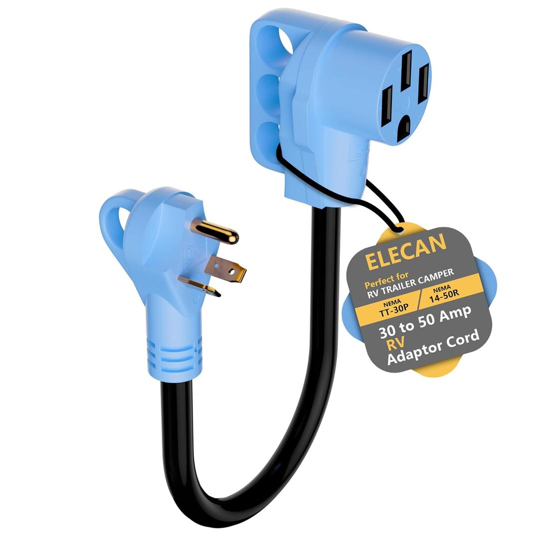 Elecan 30 Amp to 50 Amp RV Adapter Cord 1 Ft, NEMA TT-30P to 14-50R Power Converter Plug for RV Camper Trailer Outdoor, STW 10/3 AWG 125V 3750W,Handle Grip,Tight Fit,ETL-Blue-12 Inch