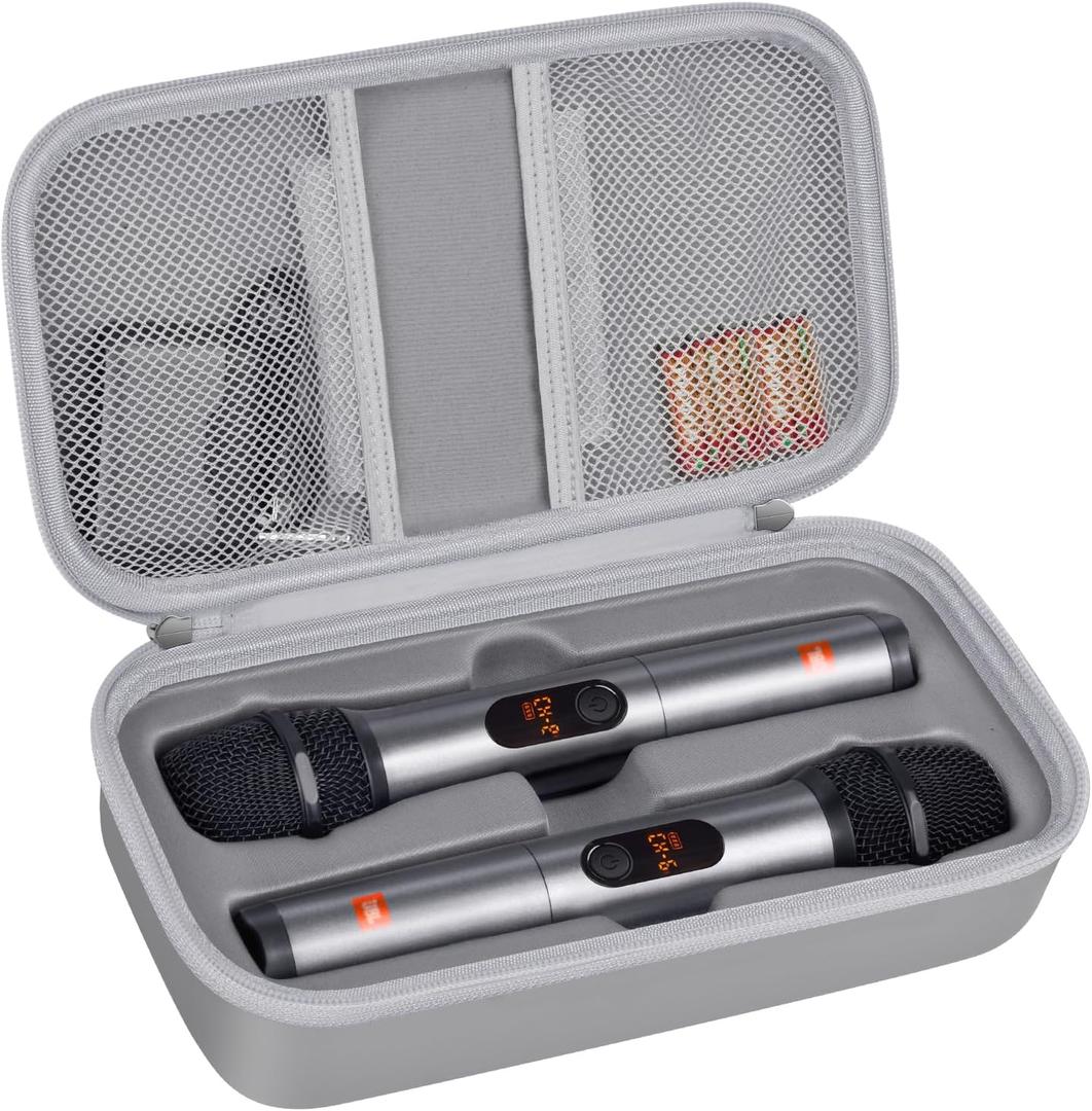 Wireless Microphone Case Compatible with JBL Wireless Two Microphone System, Handheld Dual Mic Travel Bag for Singing or Karaoke for Receivers, Adapters, AA Batteries (Lighting Grey)