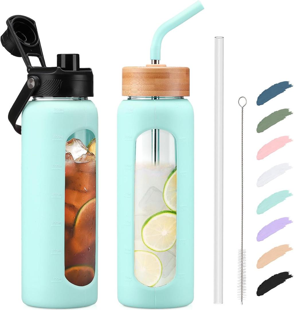 Kodrine Water Bottle with Straw, 24 oz Glass water Bottle with 2 Lids Bamboo Straw Lid and Spout Lid with Handle, Clear Water Bottle Glass for Sports Travel, Waterbottle with Time Marker (Light Blue)