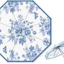 Whaline Blue Floral Clear Travel Umbrella Vintage Flower Waterproof Windproof Compact Umbrellas Transparent Chinoiserie Folding Umbrella for Wedding Birthday