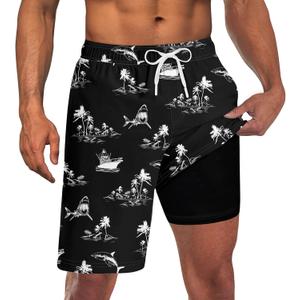 Goodstoworld Mens Swim Trunks with Compression Liner 9'' Inseam Quick Dry Swimsuit Shorts M-3XL (A1 Shark Island)