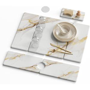 3 PCS Large Stone Dish Drying Mat for Kitchen Counter -24"x16" Absorbent Diatomaceous Earth Mat with Stone Faucet Mat & Soap Tray - Quick Dry, Collapsible, Non-Slip Countertop Organizer (24*16inch+24*5.5inch+8*4inch, gold Marble)