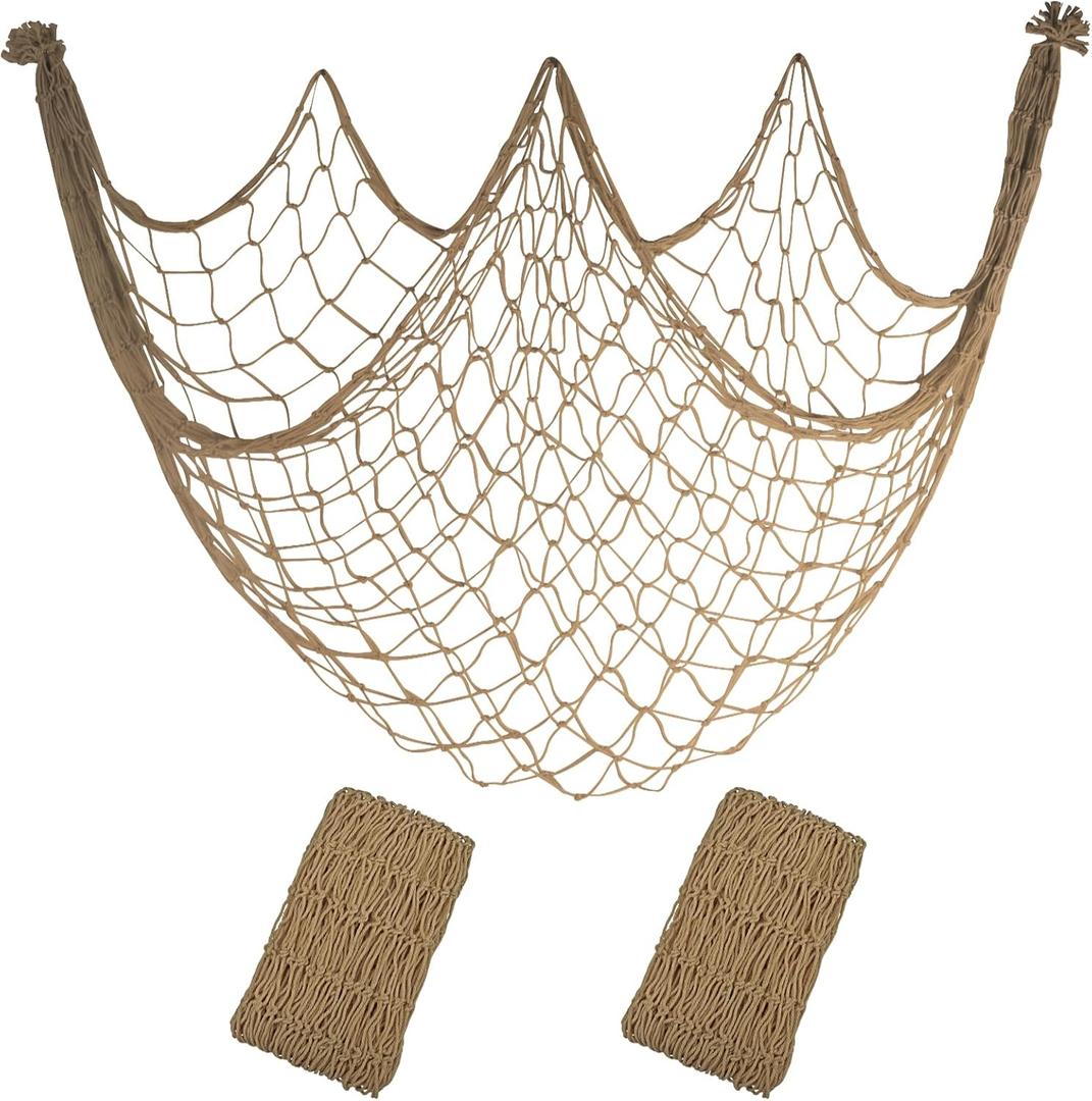 10x5 Feet X-Large Fishing Net Decor for Party - 2 Pack Brown Fish Net Decorations Under The Sea Hawaiian Pirate Beach Party Decorations, 3mm Cotton Fishnet Ocean Nautical Themed Wall Table Decor (Caramel)