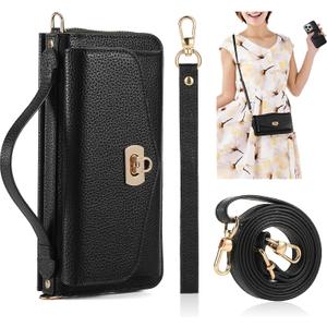 Crossbody Wallet Case for iPhone 16 Pro Max, Magnetic Detachable Floral PU Leather Phone Case with RFID Blocking Card Holder Wristlet Mirror Flip Zipper Shoulder Purse for Wome - Black B