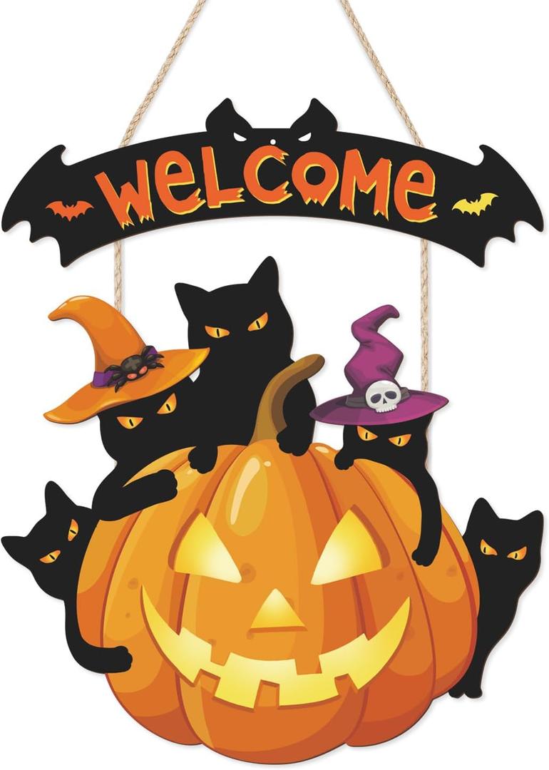 TOARTi 2Pcs Halloween Welcome Front Door Signs Black Cats Welcome Wall Signs Vintage Pumpkin Wall Hanging Bats Wood Sign Halloween Cats Hanging Decor for Porch Outdoor Party Decorations