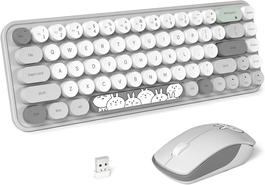 FOPETT Wireless Keyboard and Mouse Cute Mouse and Keyboard 2.4G Wireless Keyboards with Colorful 68 Keys Typewriter Retro Round Keycap for PC, Laptop,Tablet,Computer Windows  Grey Colorful