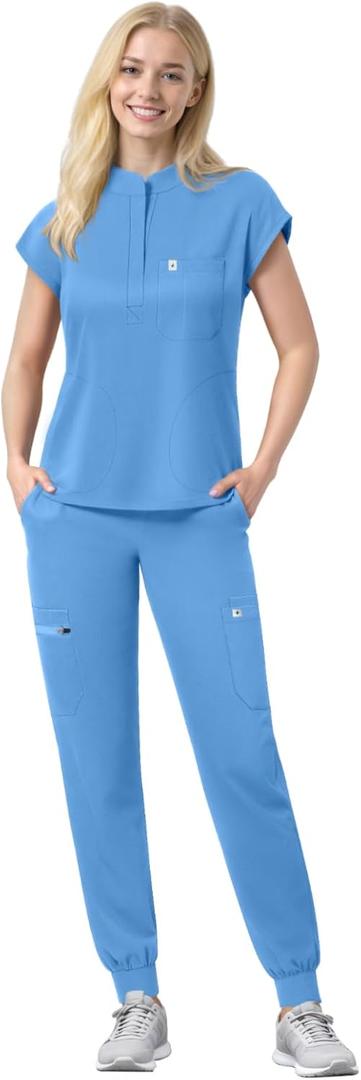 Scrubs Set for Women Medical Uniform Nurse Suit, Anti-Wrinkle Scrub Top Jogger Pant&11 Pockets,4 Way Stretch Workwear (X-Large, Sky Blue)