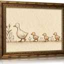 Vintage Gold Framed Nursery Duck Canvas Wall Art,Farmhouse Funny Whimsical Animal Painting Picture Wall Decor,Rustic Cute Mother Duck and Ducklings Poster Print Artwork,for Girls Children Room