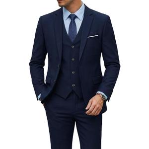 YND Men's 3 Piece Suit Set with Tie, 2 Button Slim Fit Solid Blazer Jacket Vest Pants, Business Wedding Party Suits for Men (Blue, M)