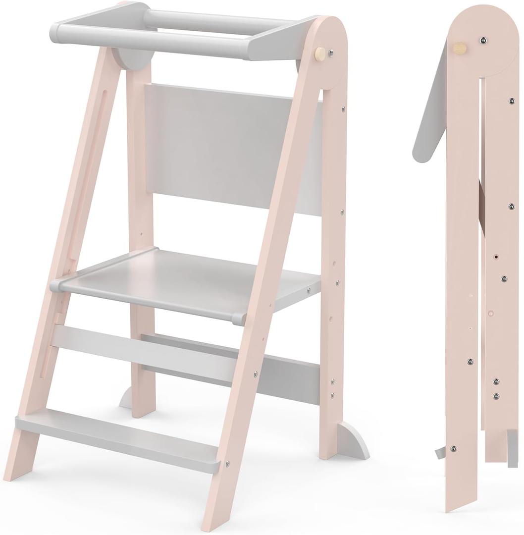 Foldable Toddler Kitchen Tower, JimberBay Wooden Step Stool with 3 Adjustable Heights, Safety Bar, Chalkboard, Easy Assembly, Montessori Toddler Helper Tower for Learning (White)