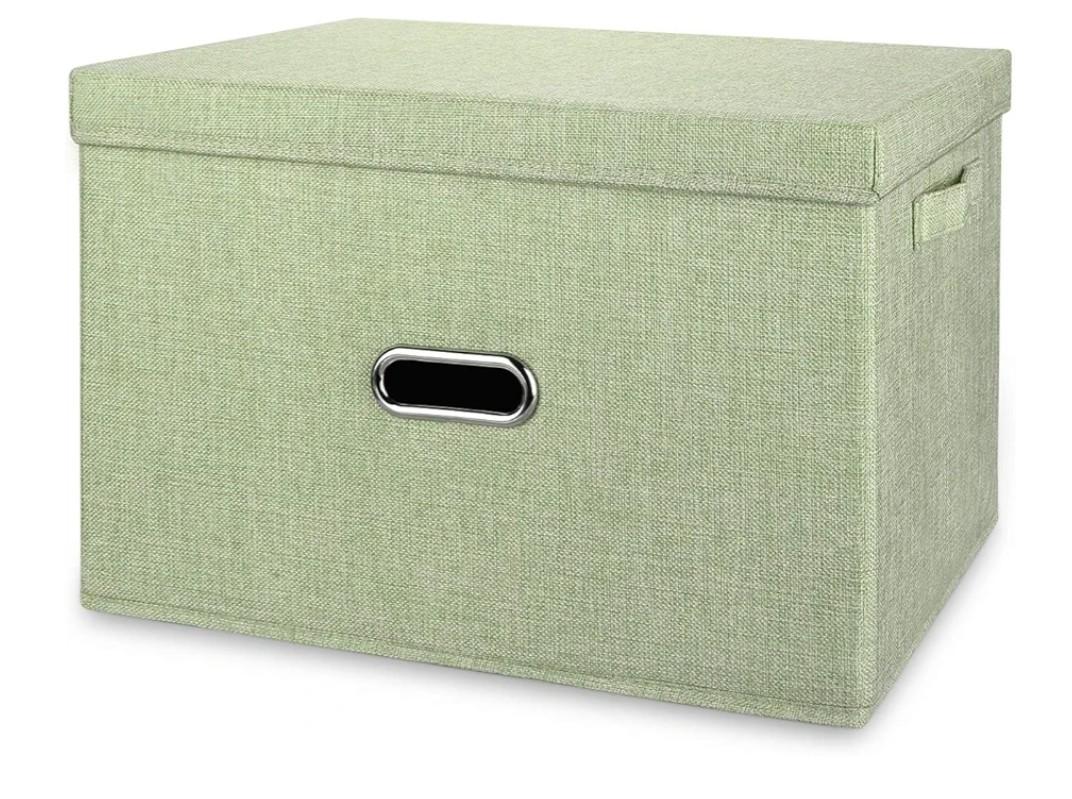 Large Linen Collapsible Storage Bins with Removable Lids and Handles, Washable Storage Box Containers Baskets Cube with Cover for Bedroom,Closet,Office,Living Room,Nursery (Green, Large)