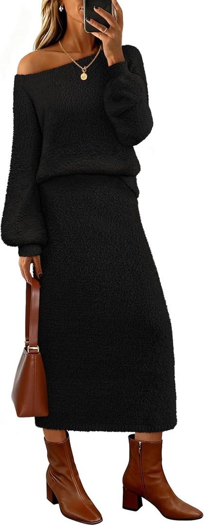 MEROKEETY Women's Fuzzy 2 Piece Outfit Winter Long Sleeve Off Shoulder Pullover Top Midi Skirt Matching Lounge Sets (Black, M)