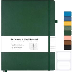 Lined Journal Notebook, 8.5" x 11" Hardcover Leather Notebook for Work, Wide Ruled Notebook Journal for Women Men, 192 Thick Paper, Lay Flat, 2 Pockets, A4 Large Journals for Writing, Green Notebook