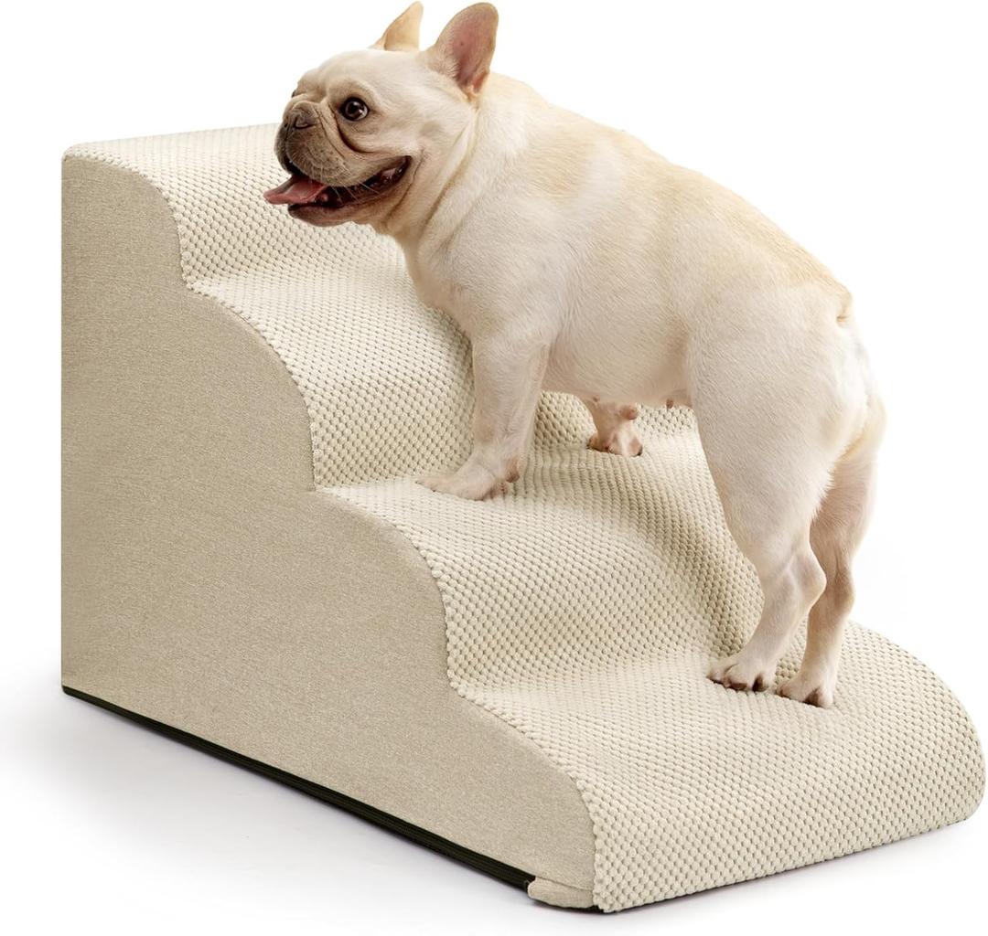 Dog Steps for Bed and Couch,4-Step Dog Stairs and Ramp for Small Dogs & Cats,Indoor Anti-Slip Pet Stairs for Old Cats and Puppy,Beige