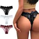 Womens Lace Bow Thongs T Back Low Waist Panties Sexy V-Shape Design Floral Lace Panties Undies for Women (Large)