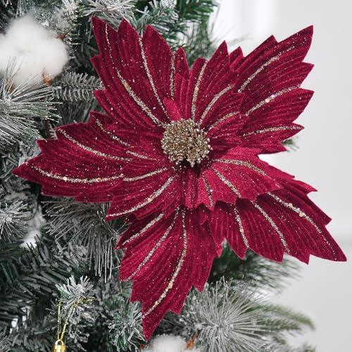 WishTip 6 Pcs 12" Large Glitter Poinsettia Artificial Christmas Flowers with Stems Xmas Tree Wreath Ornaments New Year Home Wedding Party Decor (Burgundy)