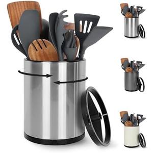 Nigelia Extra Large Kitchen Utensil Holder, 360° Rotating Stainless Steel Cooking Utensil Holder for Countertop, 3 Compartment Flatware Organizer & Cooking Caddy with Removable Base（Silvery）