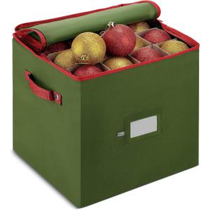 ZOBER Christmas Ornament Storage Box - Stores 64pc 3" Ornaments, With Dividers - Ornament Organizer Storage Box, Durable Christmas Containers Holder, Dual Zipper - Green