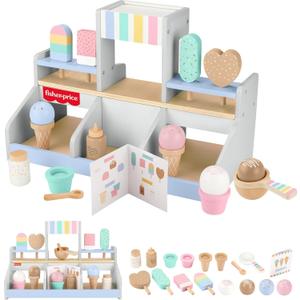 Fisher-Price Preschool Toy Wooden Ice Cream Shop Playset, 18 Wood Pieces for Pretend Play Ages 3+ Years