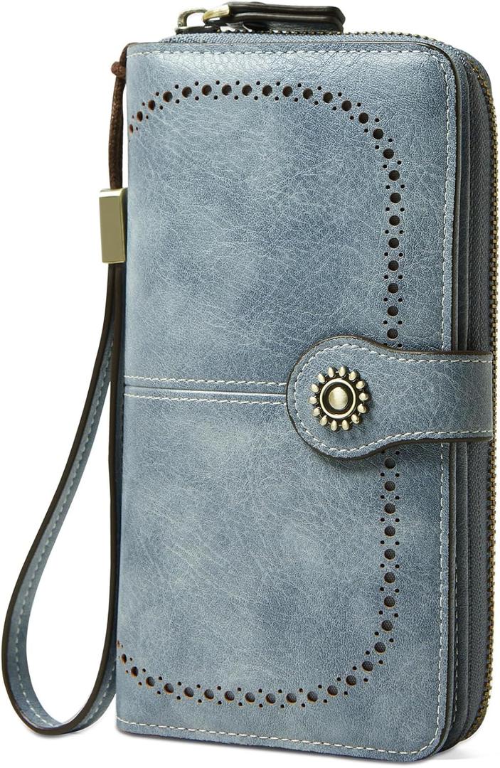 Wallet for Women RFID Blocking Leather Large Capacity Card Holder Ladies Phone Clutch Travel Long Purse Wristlet (1-Blue)