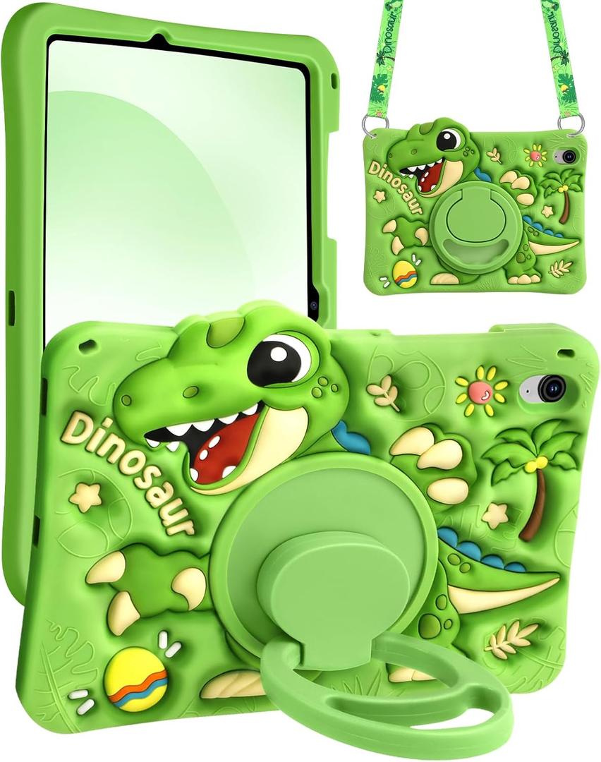 Boaretiu Tablet Case - Cute Cartoon Silicone Cover with Adjustable Shoulder Strap & Rotating Stand for Kids Boys Girls, for Samsung Galaxy Tab S10 FE 2025/S9 FE 2023 Case 10.9", Green Dinosaur