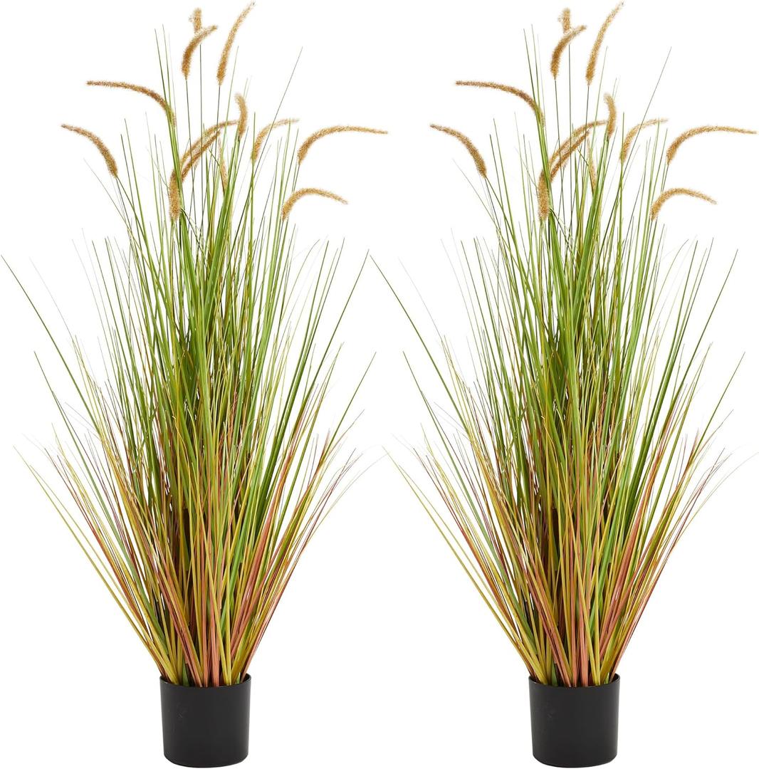 KOL Artificial 5ft 2-Pack Horsetail Reed Grass, 59in Tall Artificial Indoor Outdoor Fake Grass Plant, Home Office Dcor Artificial Plants in Pot Faux Plant Greenery, Wedding Decor - Yellow