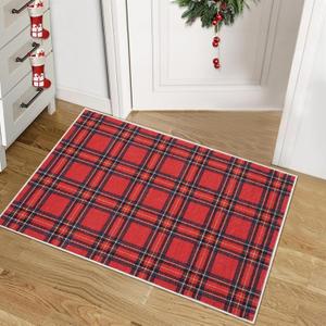 Christmas Entryway Carpet Xmas Buffalo Plaid Small Non-Slip Stain Resistant Washable Floor Cover Holiday Decorative Gingham Check Accent Rug for Entrance Kitchen, Red, 2x3 Feet