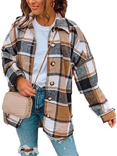 Yeokou Women's Plaid Flannel Shacket Oversized Button Down Long Sleeve Shirt Jacket Casual Spring Fall Outfits S