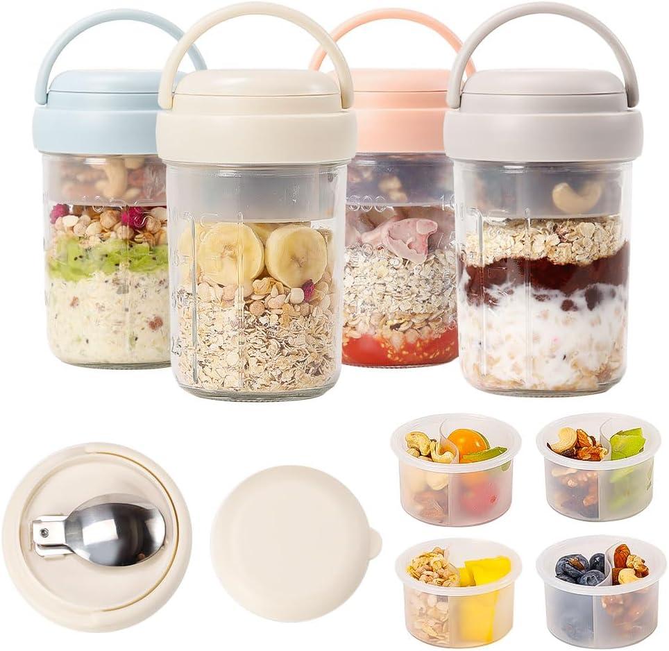 4 Pack Overnight Oats Containers with Lids and Handles, Folding Spoons & Divided Compartments for Fruit & Nuts, 16oz Glass Mason Jars for Oatmeal Yogurt Container with lids (Cream/Blue/Gray/Pink)
