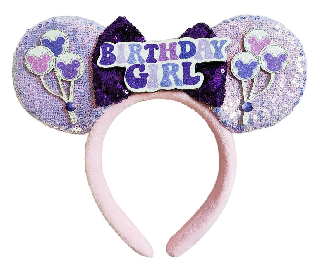 2 x Mouse Ears Birthday Girl Headbands with Dream Balloon&Shiny Sequins, for Princess Costume Cosplay Glitter Party Props, Soft Flannel, Purple; BR-FLZ