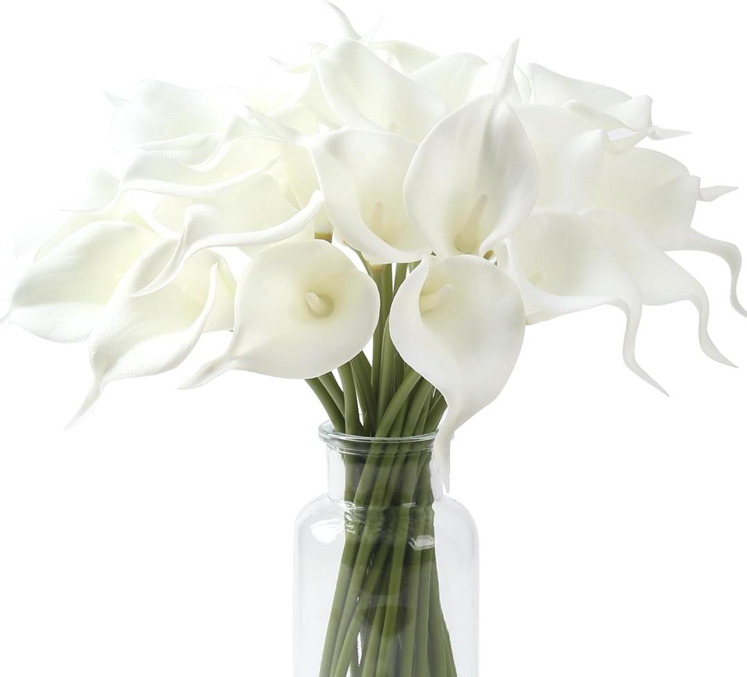 SITUMEIZI 24 PCS White Fake Flowers Artificial Calla Lily Silk Flowers Real Touch for Mother's Day Easter Home Kitchen Decor Wedding Bouquet Office Spring Decoration(Pure White)
