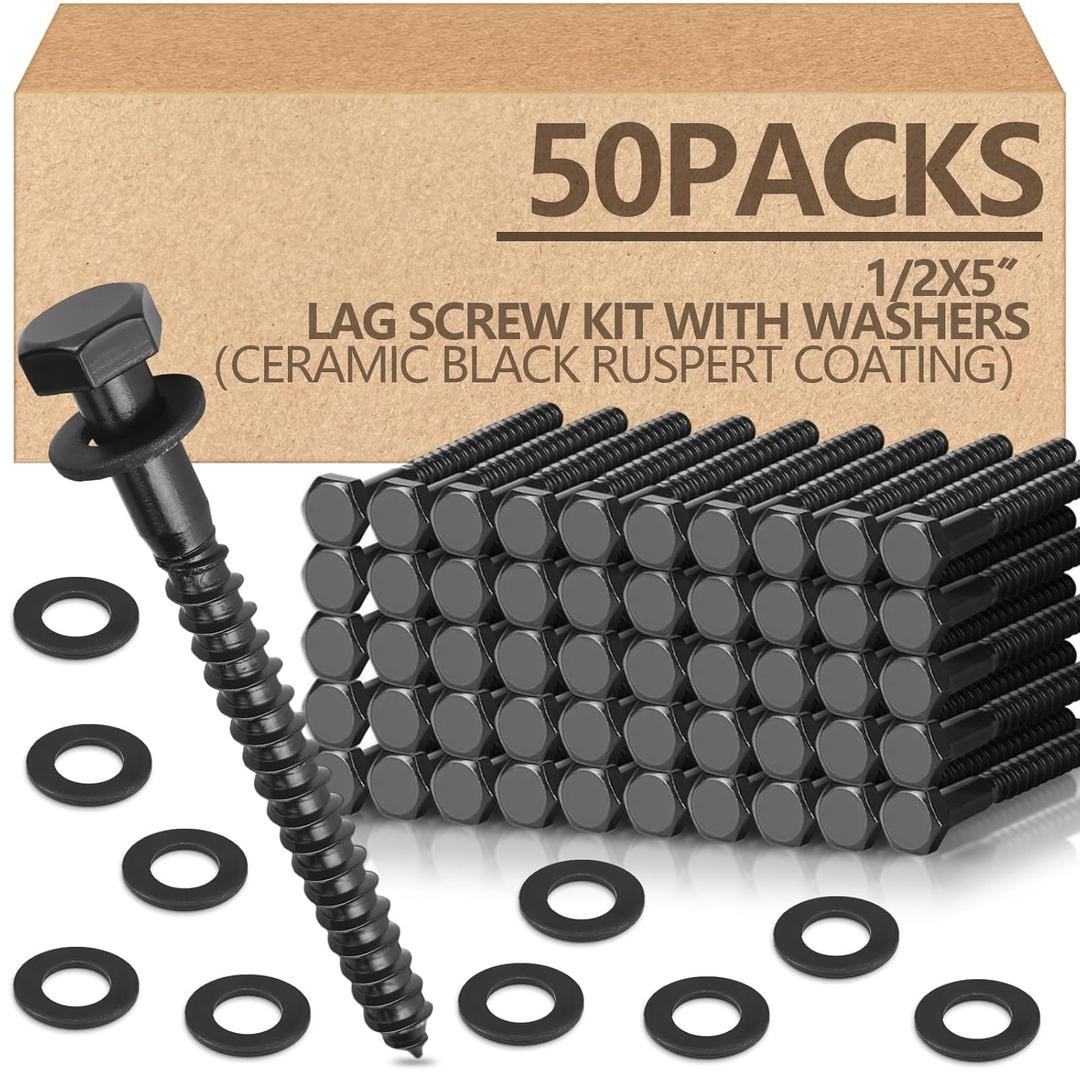 Tandefio 50 Pack 1/2''x 5'' Ceramic Black Lag Screw Kit with Washers Hex Lag Bolts Wood Screws Heavy Duty Ruspert Coating Hot Dip Galvanized Double Layer for Wood Decks Fences